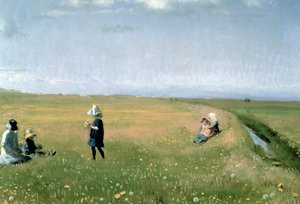 Children and Young Girls Picking Flowers in a Meadow North of Skagen